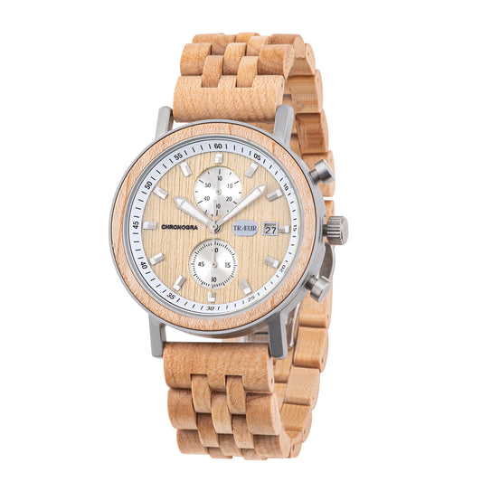Wooden chronograph wristwatch with light wood links and silver dial accents showing date 27