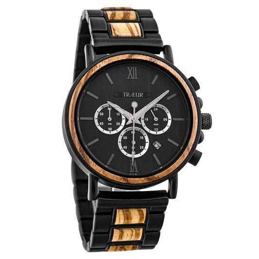 Black and wood men's wristwatch with chronograph dials and wooden accent links