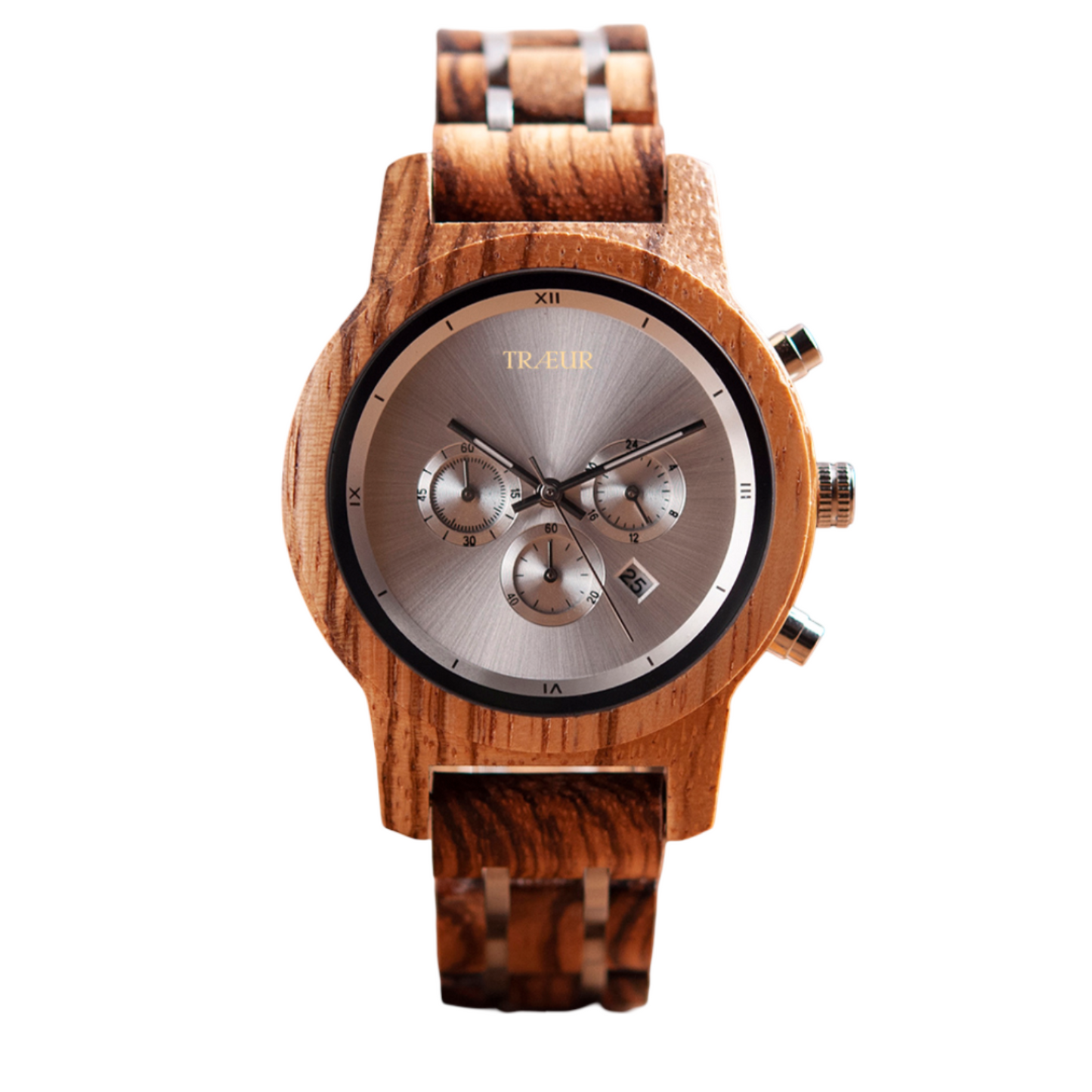 Træur wooden wristwatch with silver chronograph dial and date display on white background
