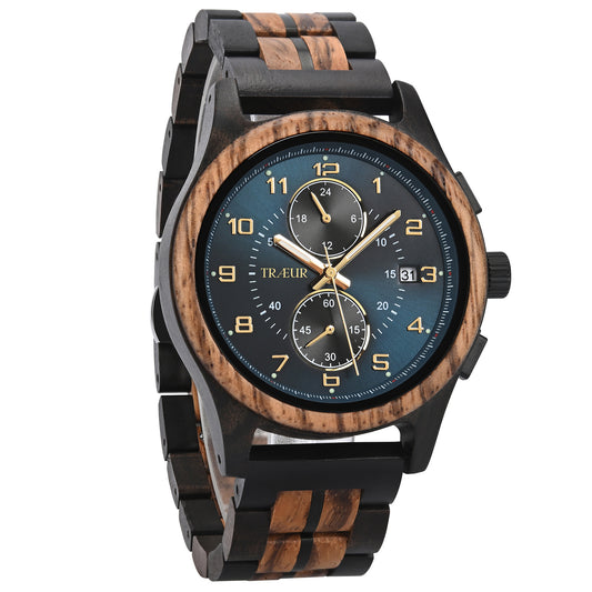 Wooden wristwatch with black and natural wood links and blue dial with gold numerals and hands
