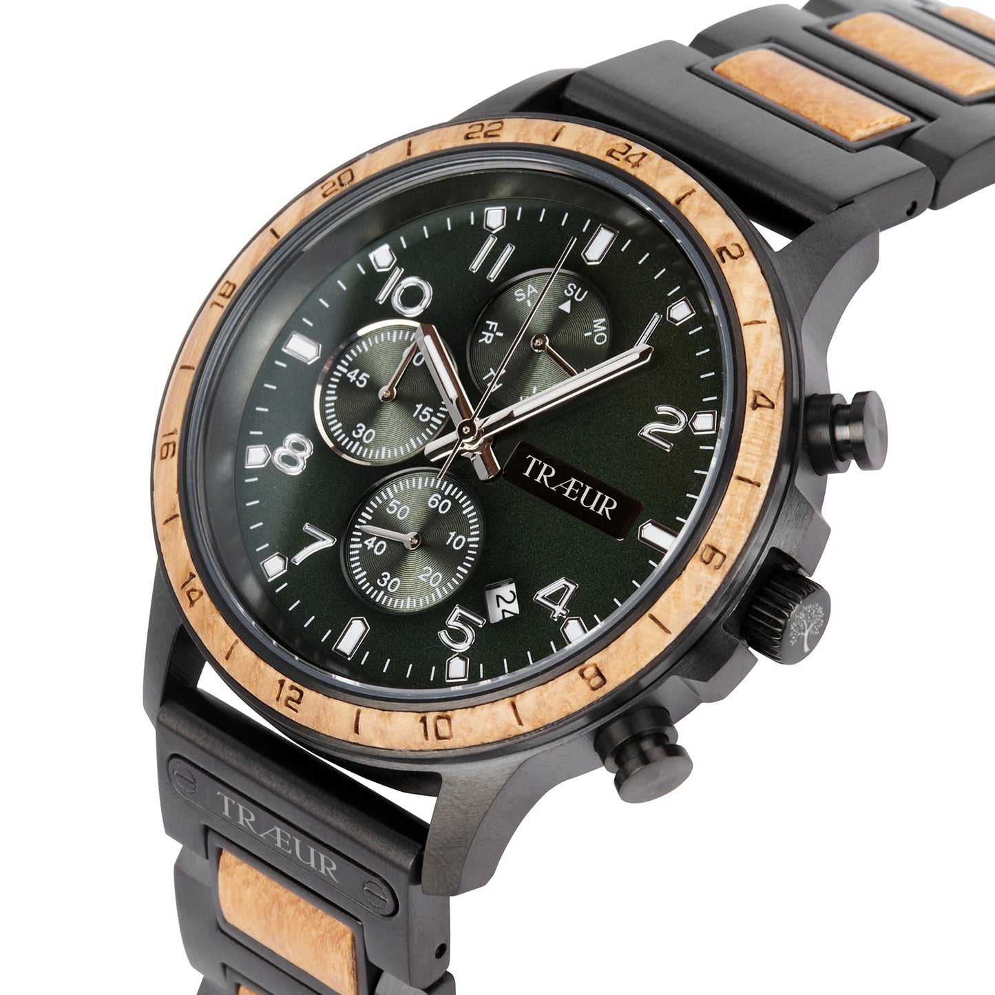 Close-up of a TRAEÜR wristwatch with green dial, wooden bezel, and black strap with wood insets