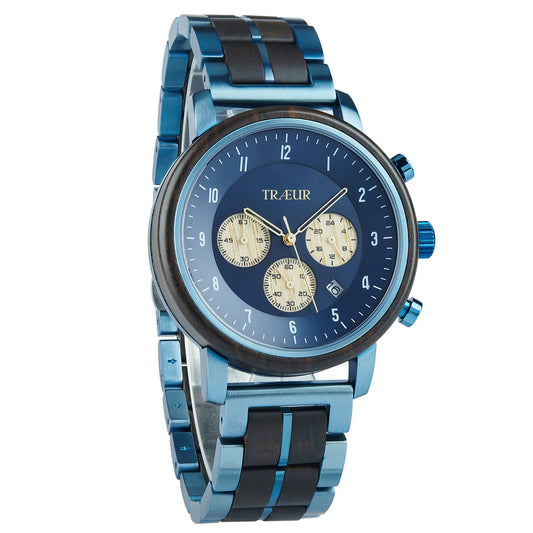 Stylish TRAEUR men's chronograph watch with blue stainless steel and dark wood link bracelet