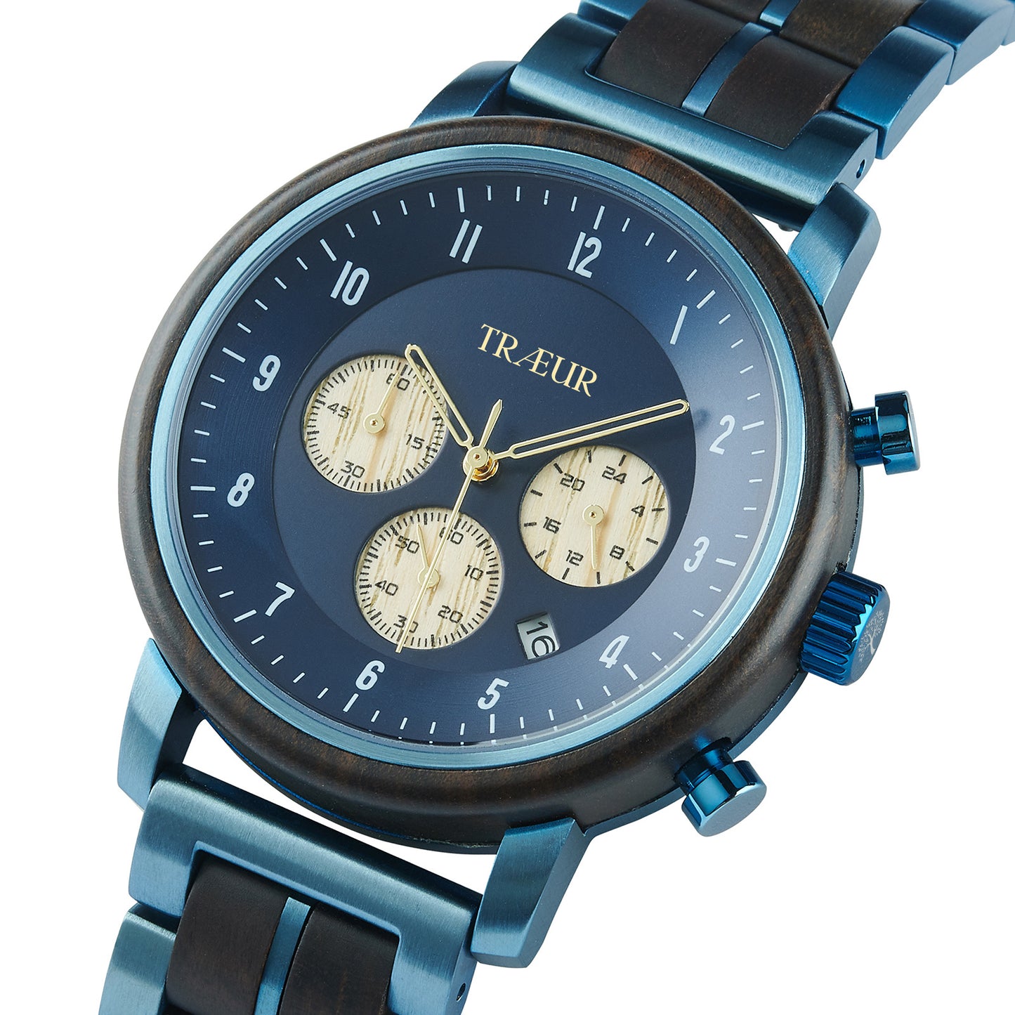 Close-up of blue Træur wristwatch with wood inlays and three dials on white background