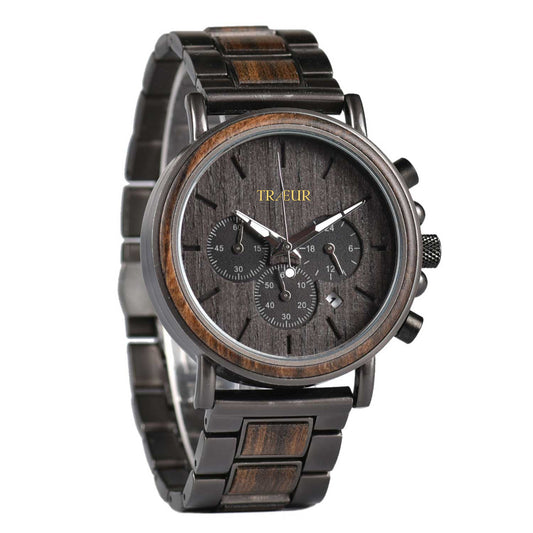 TRÆUR BJERG – Ebony Noir men’s wooden watch with a 44mm black dial, dark metal accents, and handcrafted ebony wood case. Features chronograph and calendar functions, combining Scandinavian minimalism with bold masculine design.