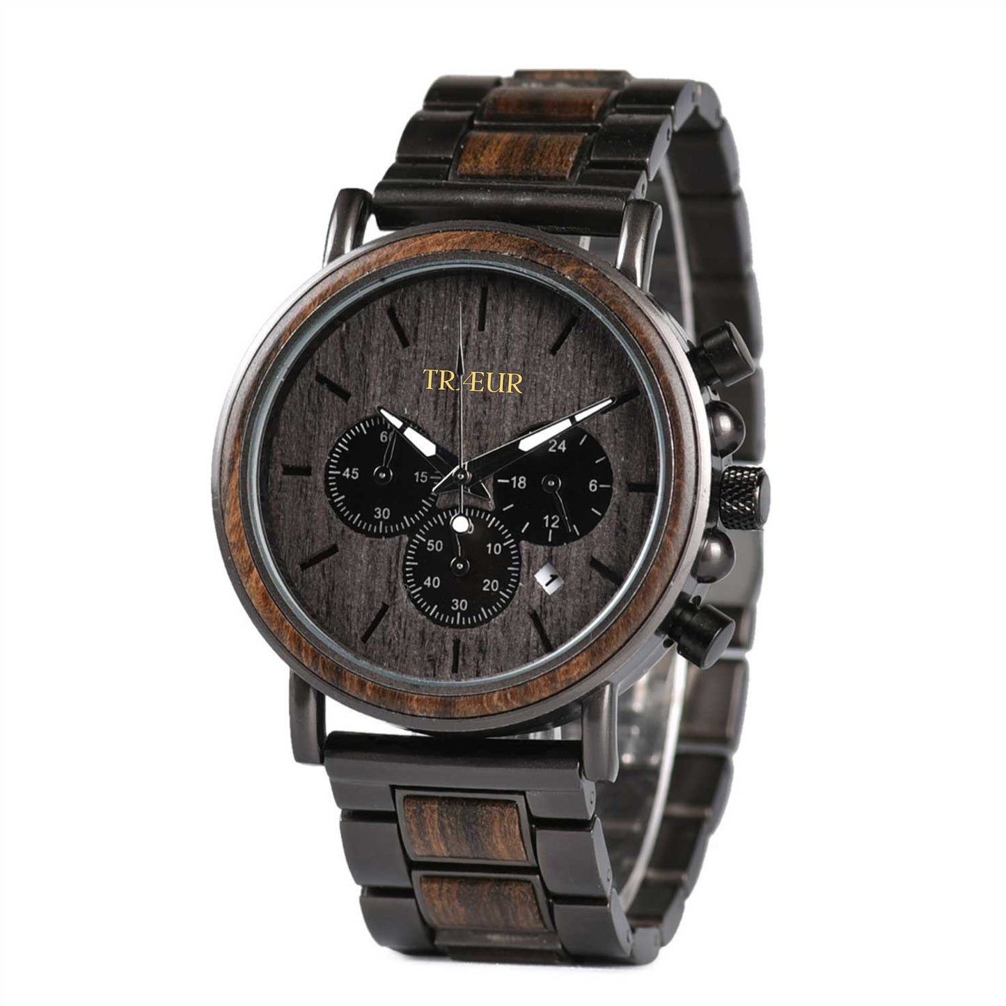 TRÆUR BJERG – Ebony Noir men’s wooden watch with a 44mm black dial, dark metal accents, and handcrafted ebony wood case. Features chronograph and calendar functions, combining Scandinavian minimalism with bold masculine design.
