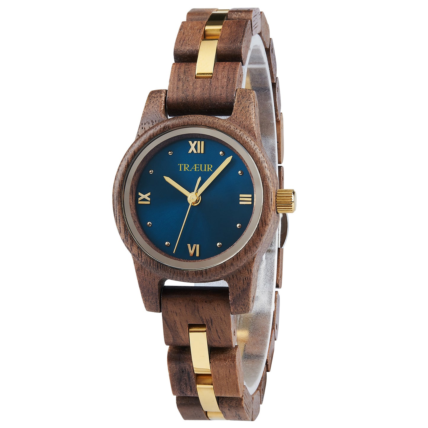 Elegant wooden wristwatch with blue dial, gold Roman numerals, and gold-accented wooden strap
