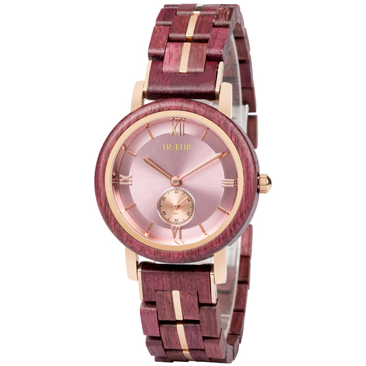 Elegant TRAEUR wristwatch with rose gold dial and purple wooden band with gold accents