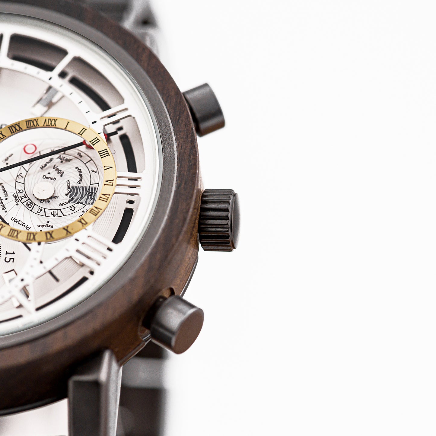 Close-up of a wooden chronograph watch with white dial and gold Roman numeral ring