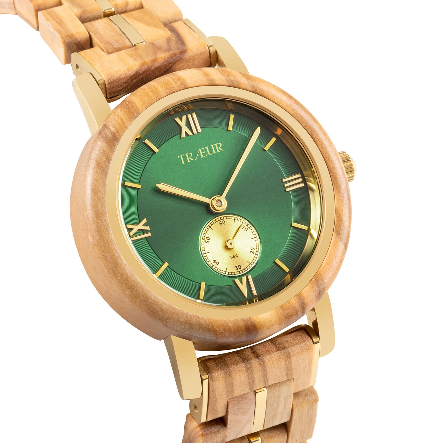 Wood and gold wristwatch with green dial and Roman numerals, brand TRAEUR
