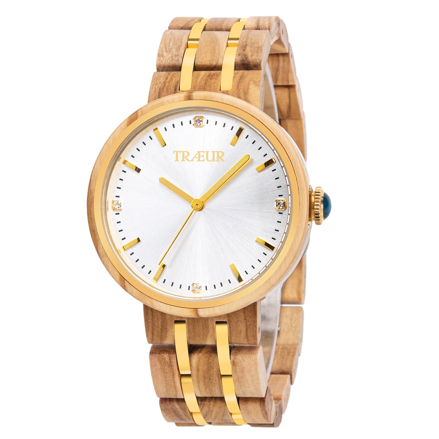 TRÆUR SOLINA Olive Dawn women’s wooden watch with olive wood case, white dial with golden highlights, stainless-steel accents, 38mm case.