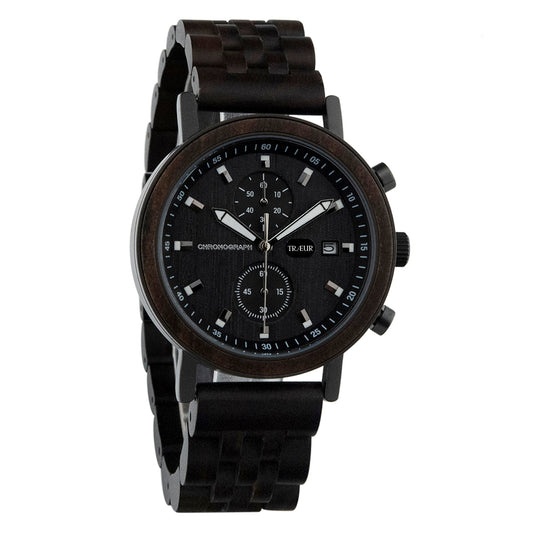 Black wooden chronograph watch with dark dial, silver markers, and black linked band