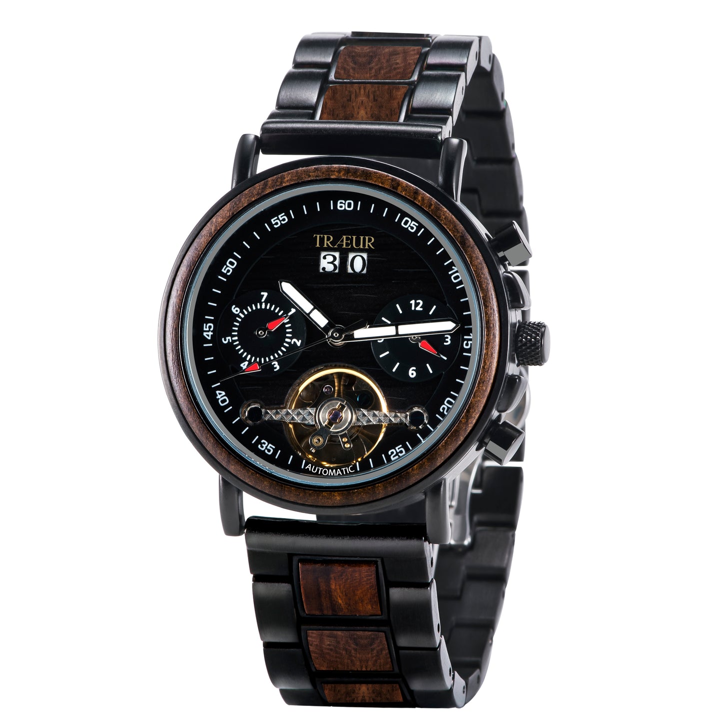 Luxury automatic wristwatch with black and wood-link bracelet, black dial, date display, and exposed gears
