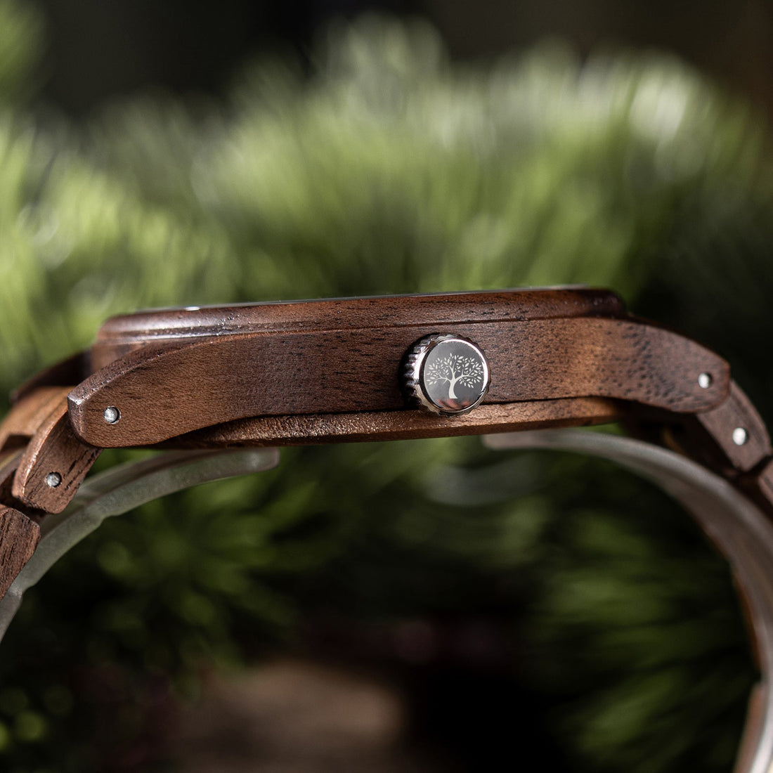 Wooden watch side view showing natural wood grain and slim profile