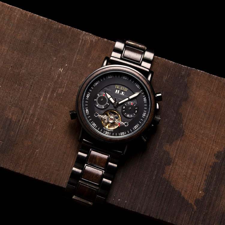 black wooden watch with minimalist Scandinavian design