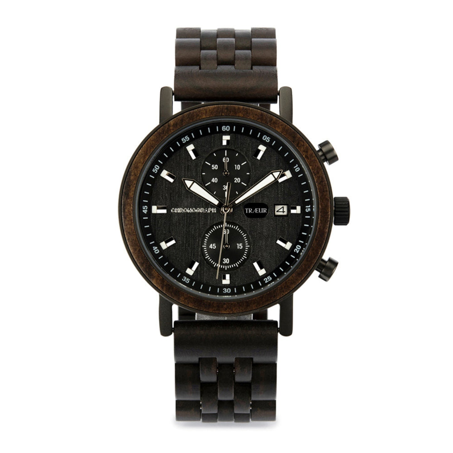 Men's chronograph wristwatch with black wooden case and linked wooden strap, black dial, date display