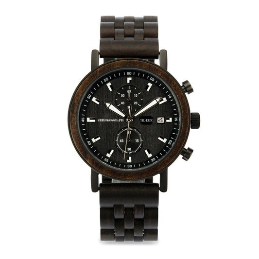 Men's chronograph wristwatch with black wooden case and linked wooden strap, black dial, date display