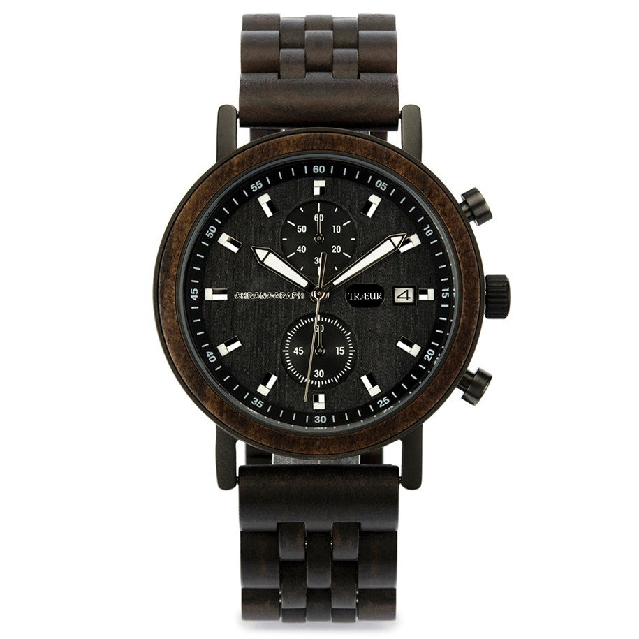Black wooden chronograph watch with dark dial, silver markers, and black linked band