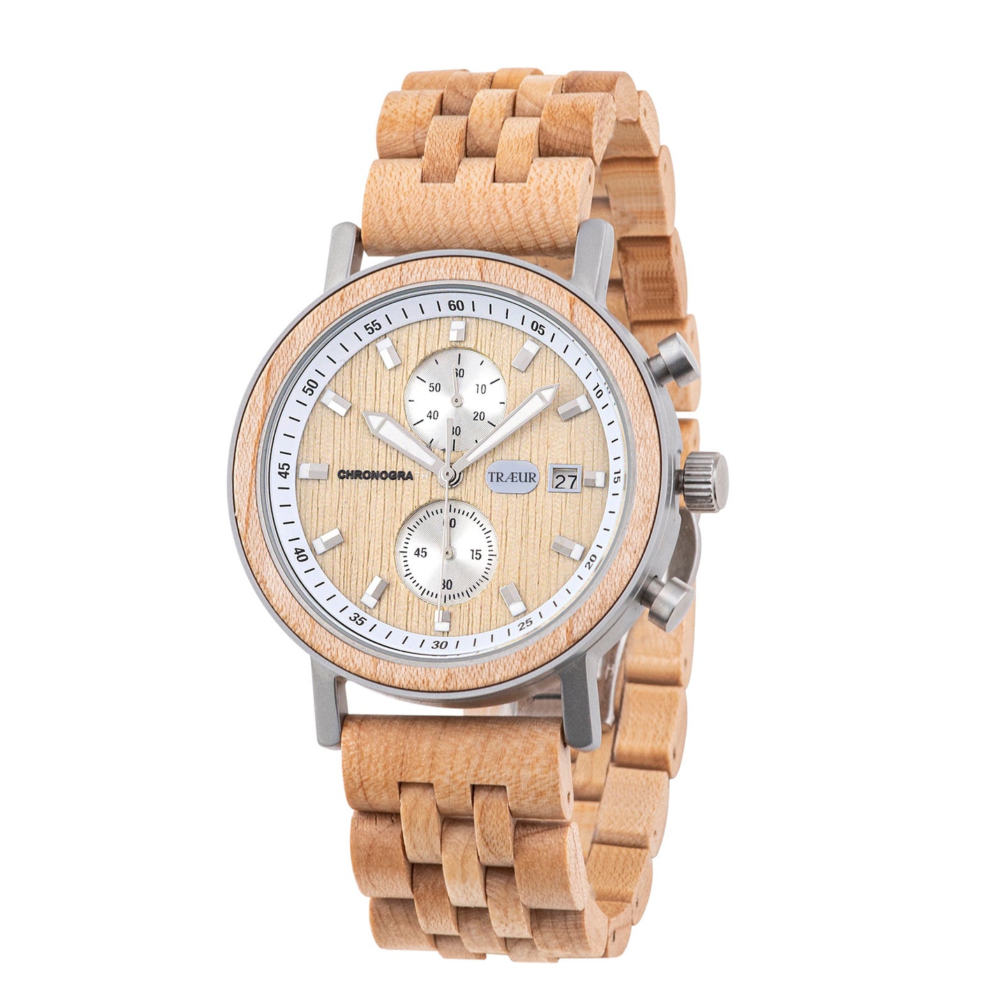 Wooden chronograph wristwatch with light wood links and silver dial accents showing date 27