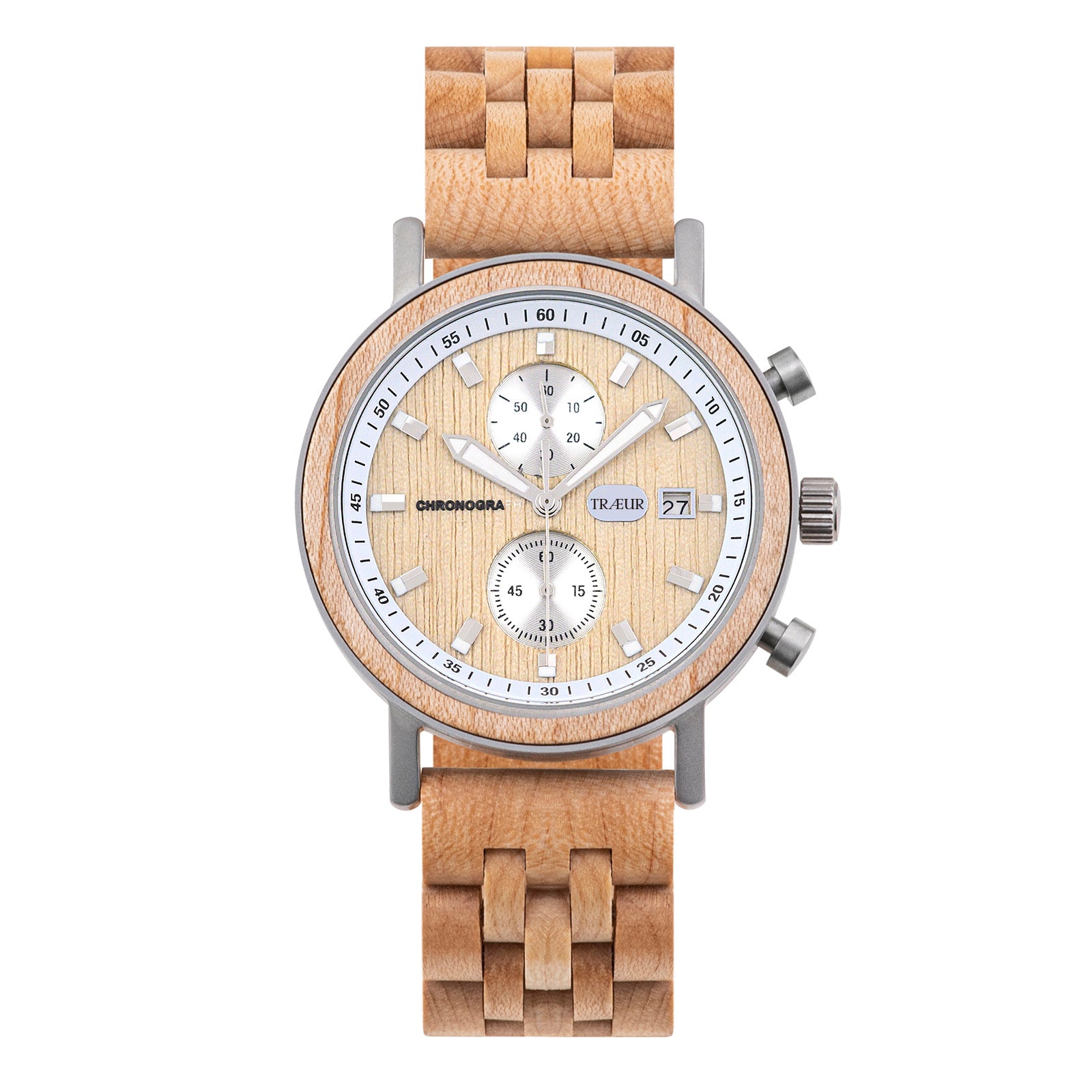 Wooden wristwatch with light wood links, chronograph dial, date display, and silver accents