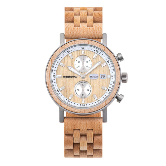 Wooden wristwatch with light wood links, chronograph dial, date display, and silver accents