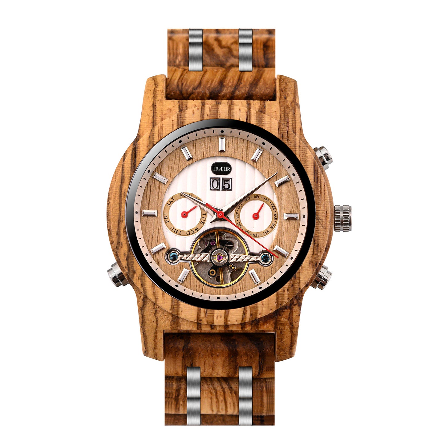 Wooden wristwatch with metal accents, dual dials for day and month, and exposed mechanical movement
