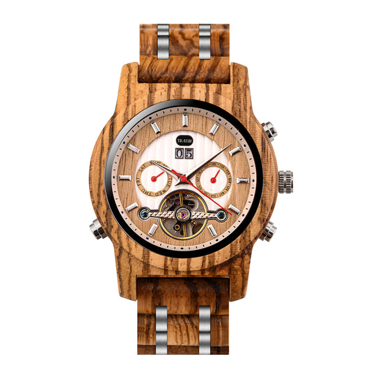 Wooden wristwatch with metal accents, dual dials for day and month, and exposed mechanical movement