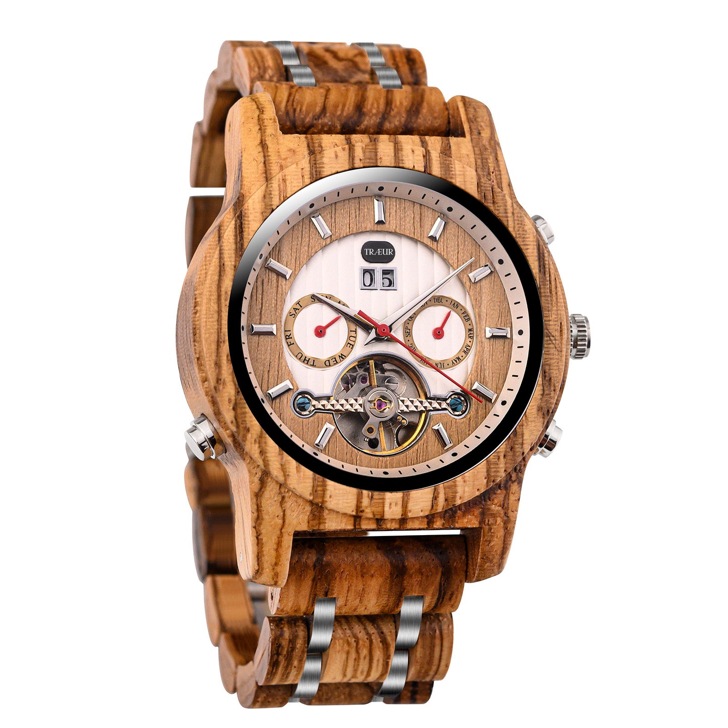 Wooden wristwatch with metal accents, dual subdials for day and month, mechanical details visible