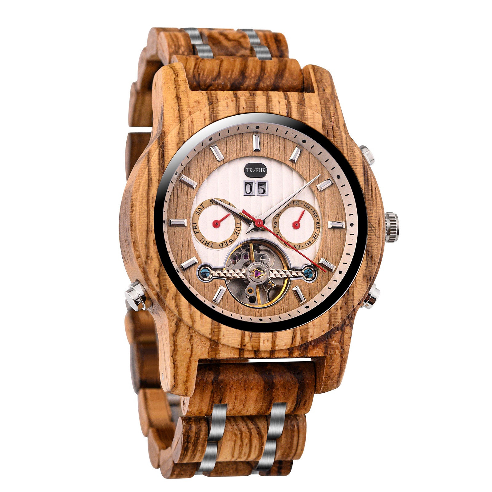Wooden wristwatch with metal accents, dual subdials for day and month, mechanical details visible
