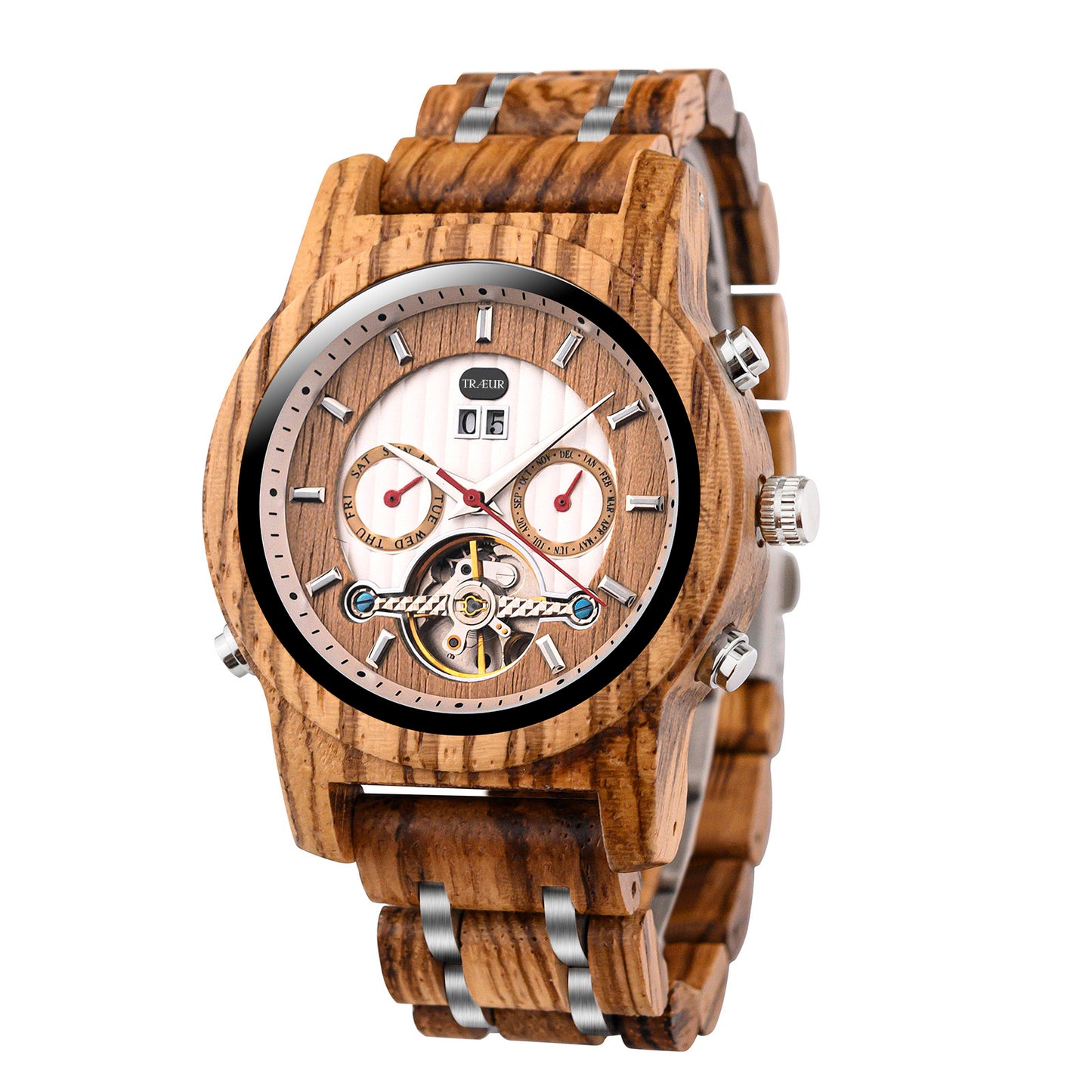 Wooden wristwatch with mechanical movement, dual subdials for day and month, and metal accents