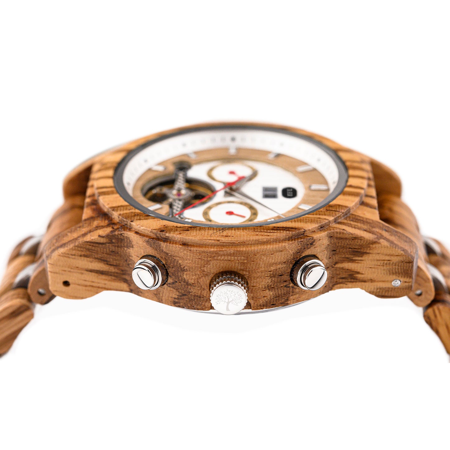 Close-up of wooden wristwatch with white dial, subdials, red hands, and metal crown/buttons