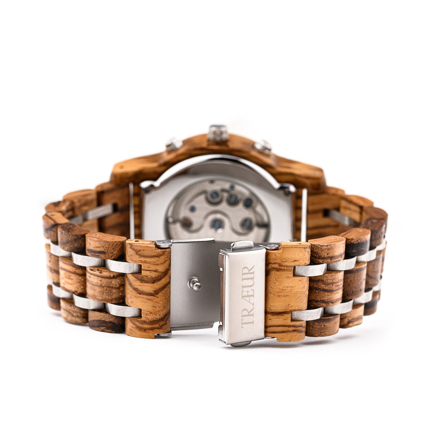 Close-up of Traeuur wooden watch band with stainless steel clasp and visible watch mechanism