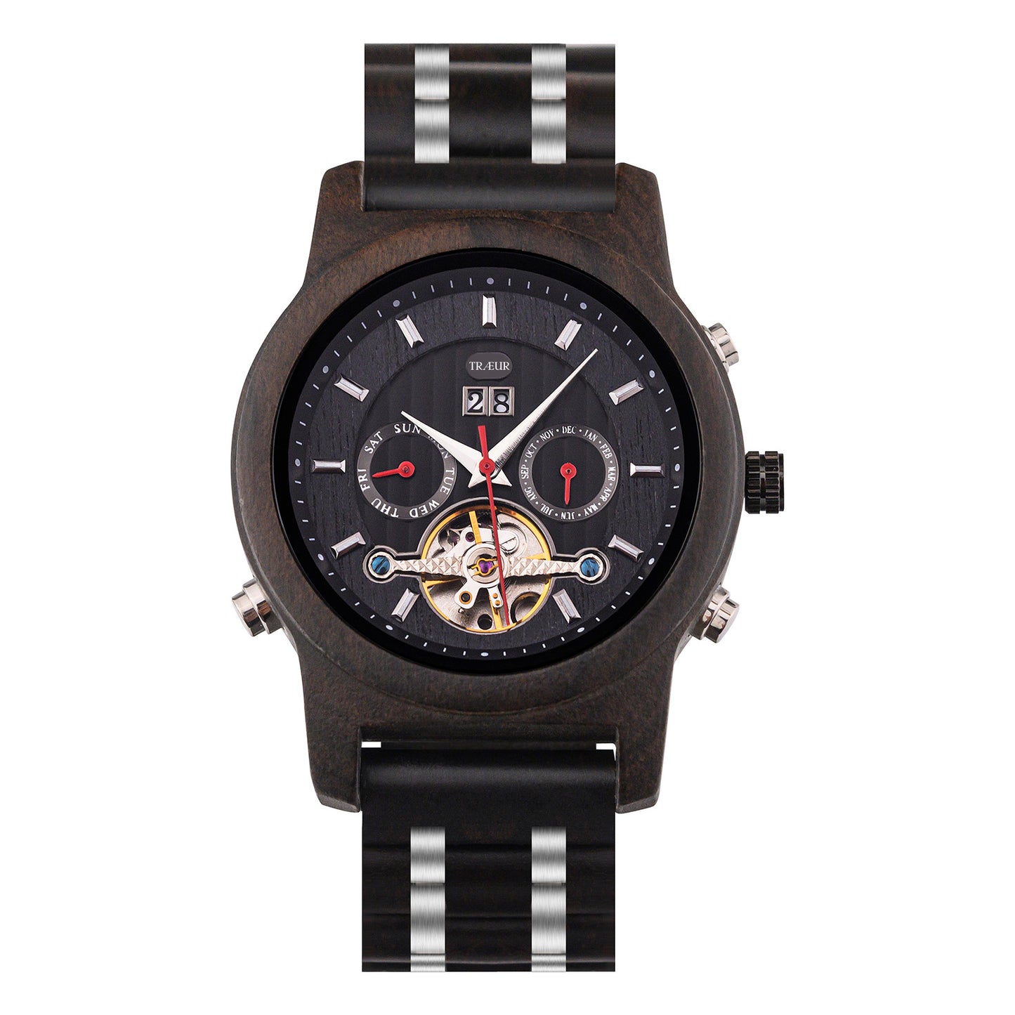 TRÆUR NORDIC – Ebony Midnight men’s mechanical wooden watch with a black ebony wood case, polished stainless-steel accents, and visible mechanical movement. Features chronograph and calendar functions, combining Scandinavian minimalist design with technical sophistication.