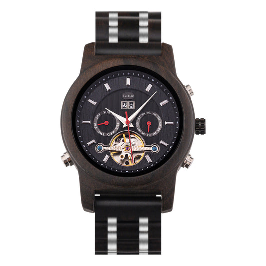 TRÆUR NORDIC – Ebony Midnight men’s mechanical wooden watch with a black ebony wood case, polished stainless-steel accents, and visible mechanical movement. Features chronograph and calendar functions, combining Scandinavian minimalist design with technical sophistication.
