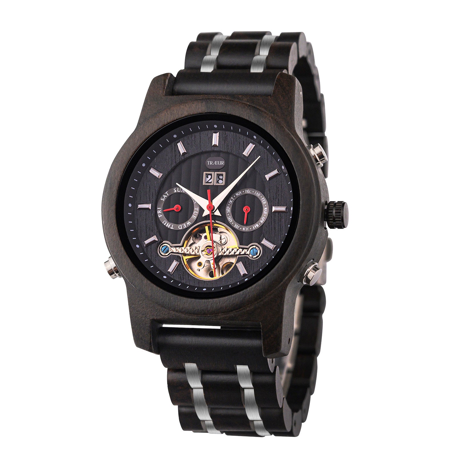 TRÆUR NORDIC – Ebony Midnight men’s mechanical wooden watch with a black ebony wood case, polished stainless-steel accents, and visible mechanical movement. Features chronograph and calendar functions, combining Scandinavian minimalist design with technical sophistication.