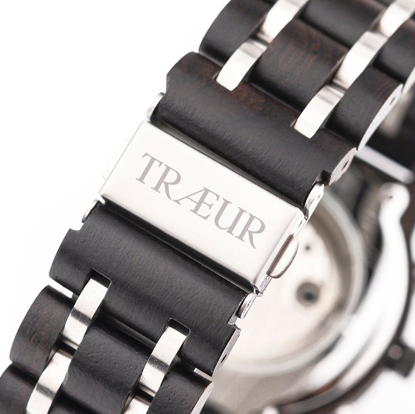 Handcrafted wooden watch band with polished links, matching the case material, featuring metal clasp and smooth natural finish for comfortable, elegant wear.