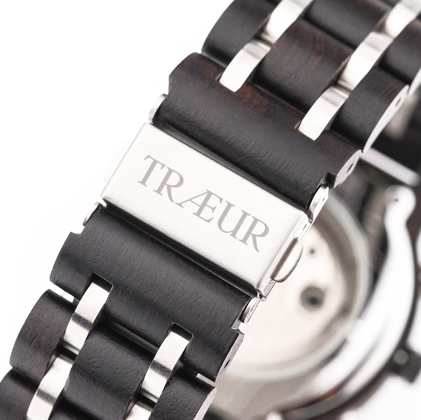 Handcrafted wooden watch band with polished links, matching the case material, featuring metal clasp and smooth natural finish for comfortable, elegant wear.