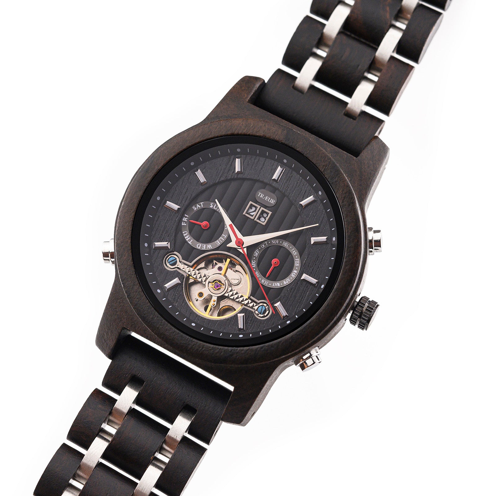 TRÆUR NORDIC – Ebony Midnight men’s mechanical wooden watch with a black ebony wood case, polished stainless-steel accents, and visible mechanical movement. Features chronograph and calendar functions, combining Scandinavian minimalist design with technical sophistication.