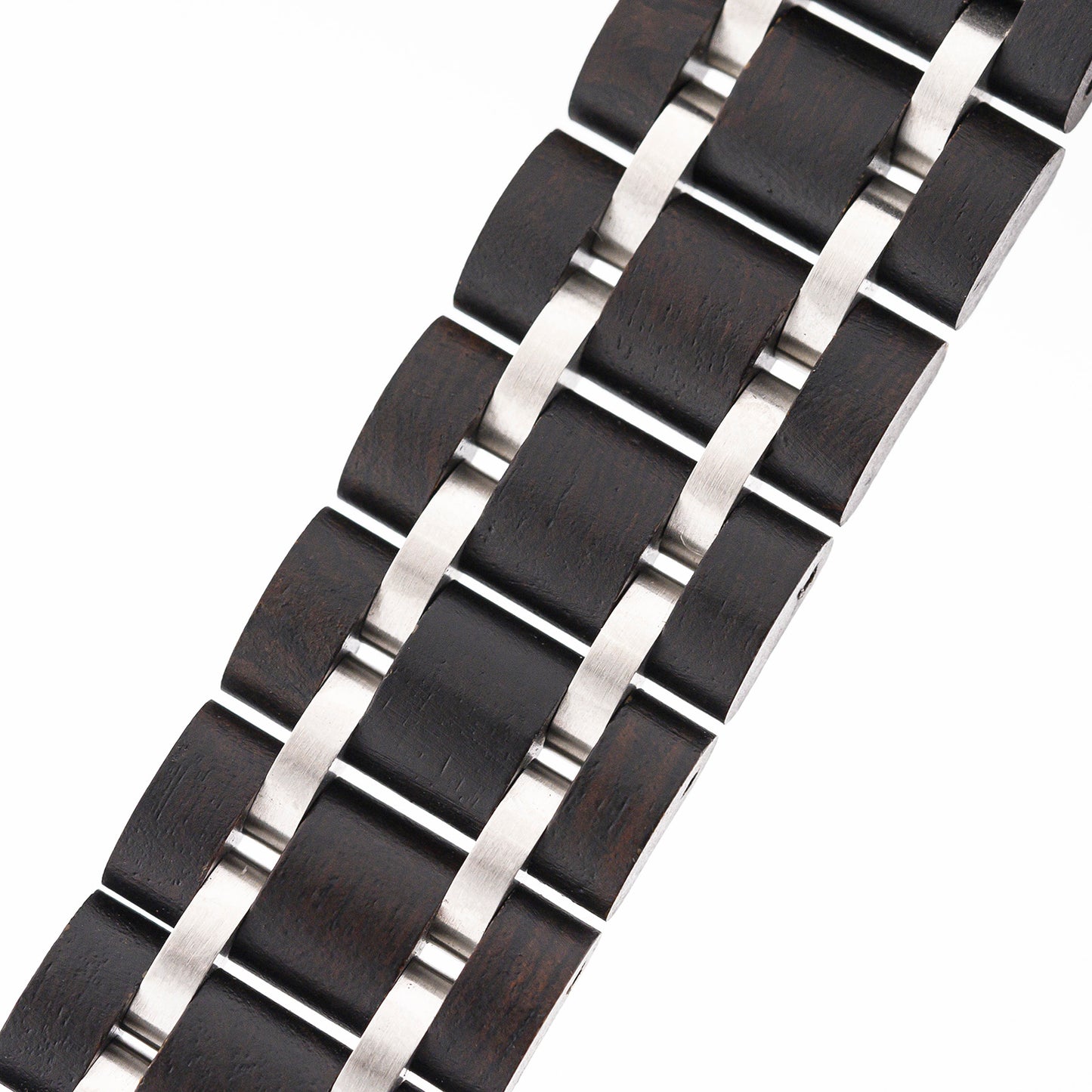 Handcrafted wooden watch band with polished links, matching the case material, featuring metal clasp and smooth natural finish for comfortable, elegant wear.