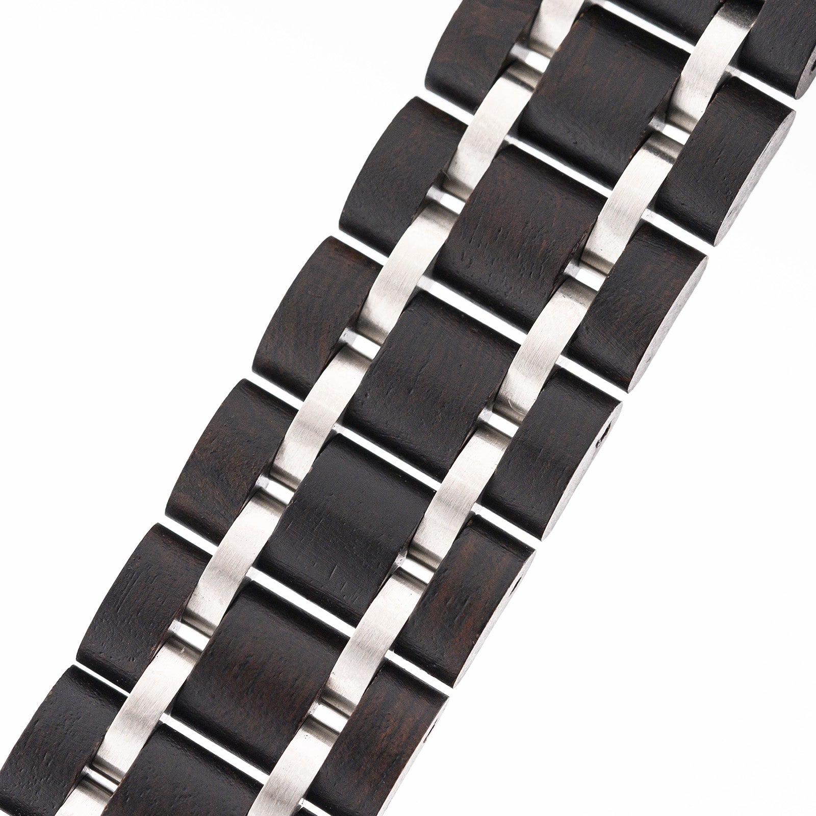 Handcrafted wooden watch band with polished links, matching the case material, featuring metal clasp and smooth natural finish for comfortable, elegant wear.
