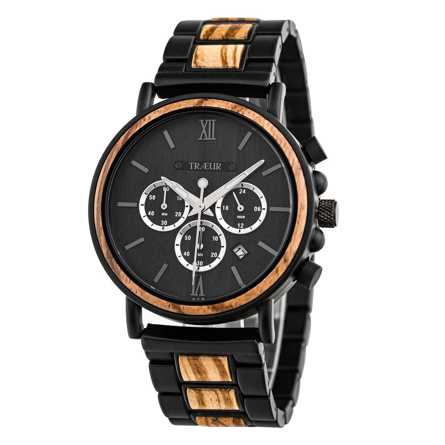 Black wristwatch with wooden accents, chronograph dials, and date indicator on white background