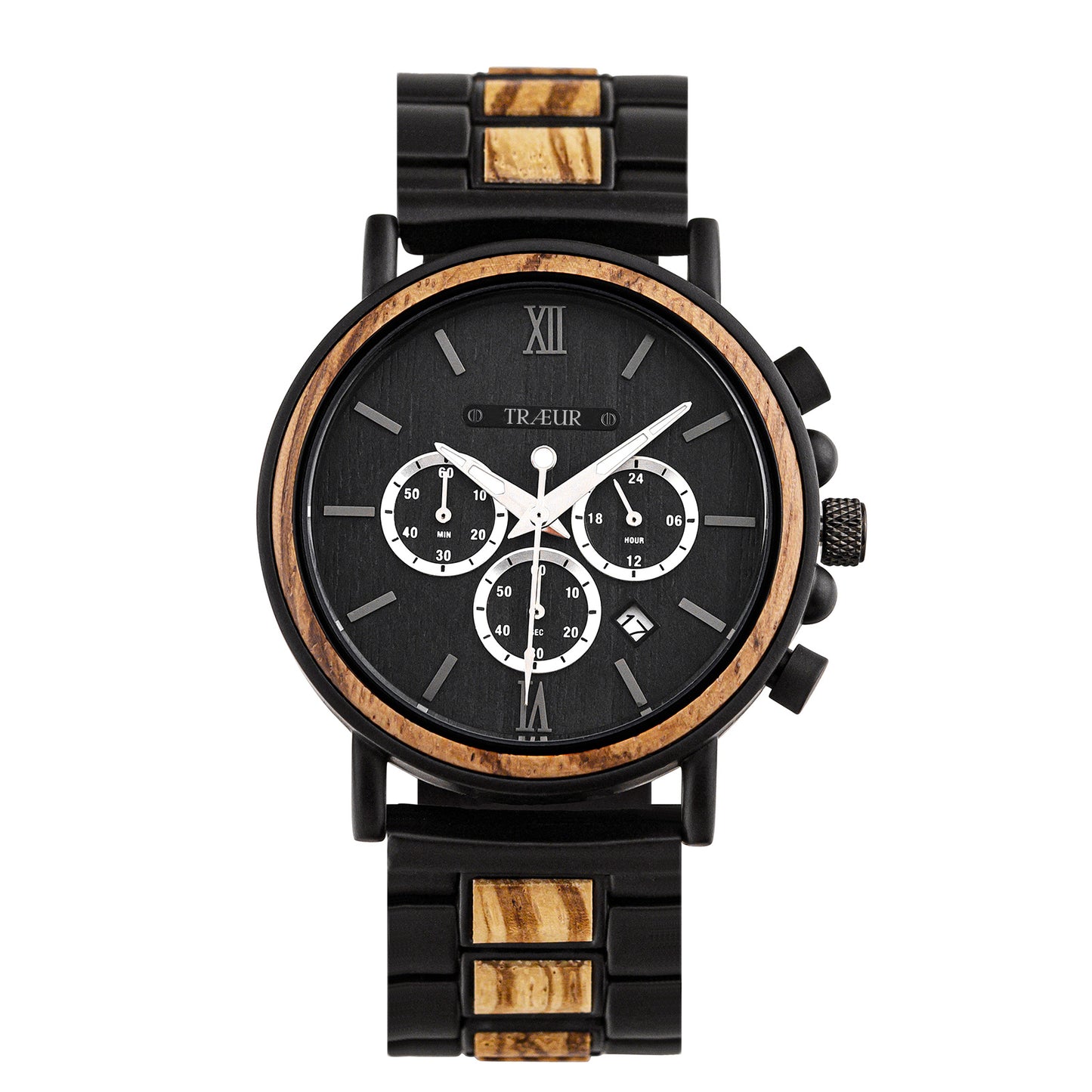 Black and wood wristwatch with chronograph dials and date display on black band
