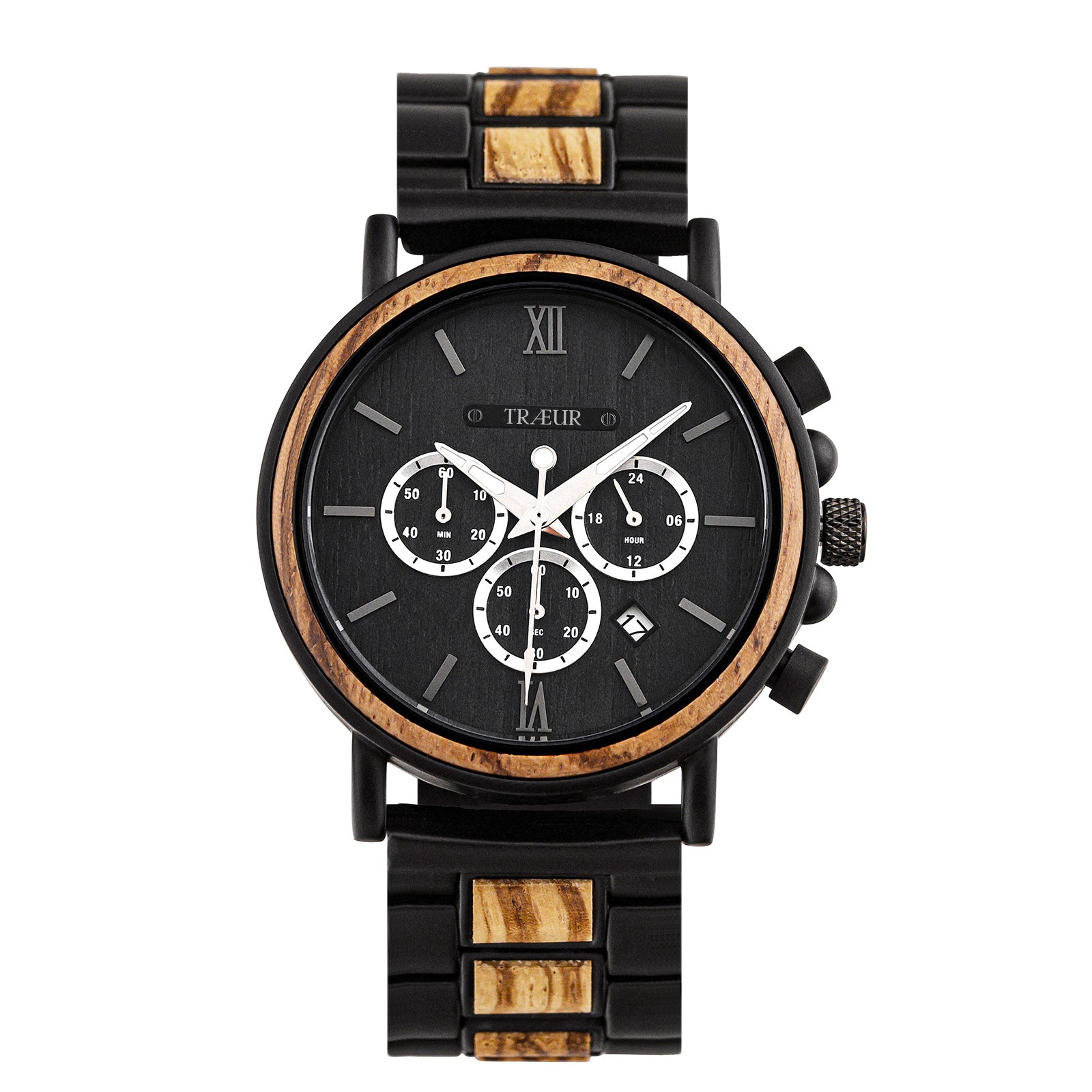 Black and wood wristwatch with chronograph dials and date display on black band