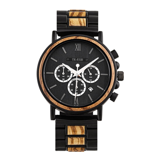 Black and wood wristwatch with chronograph dials and date display on black band