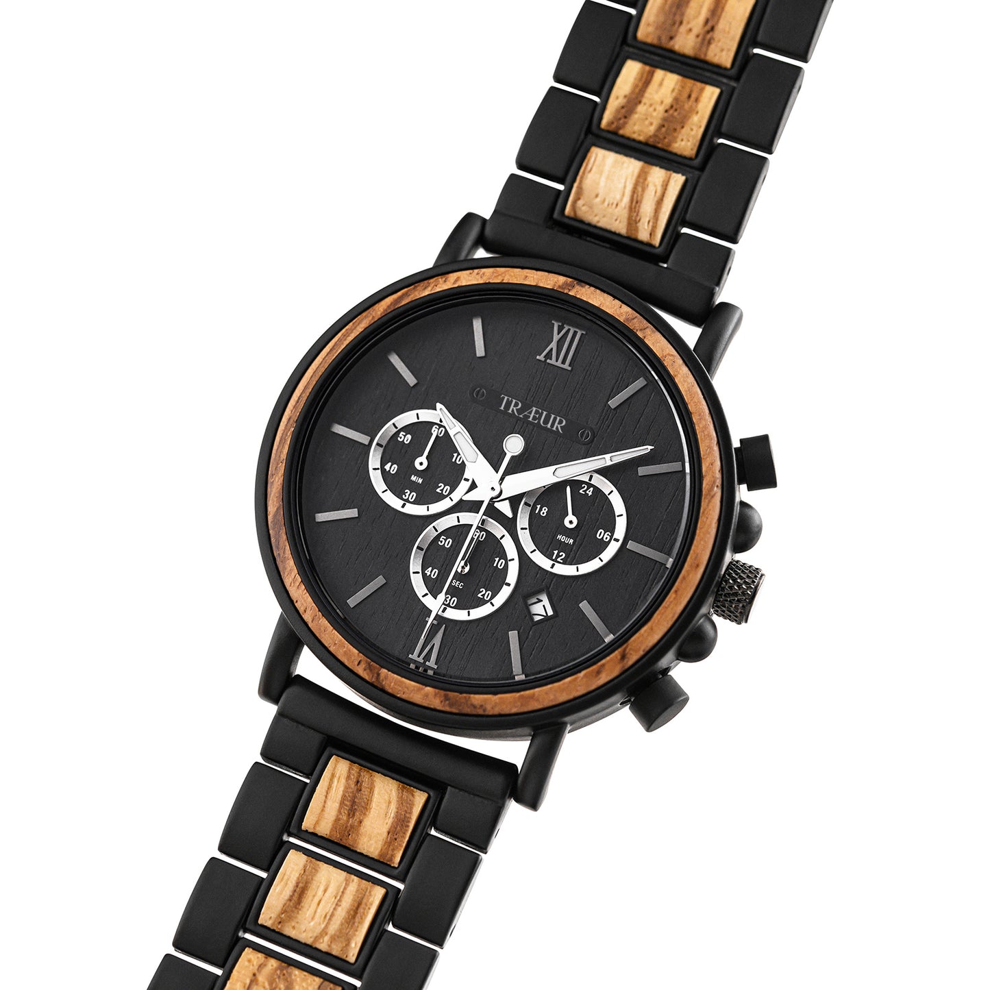 Black and wood men's wristwatch with three subdials and wooden inlays on metal band