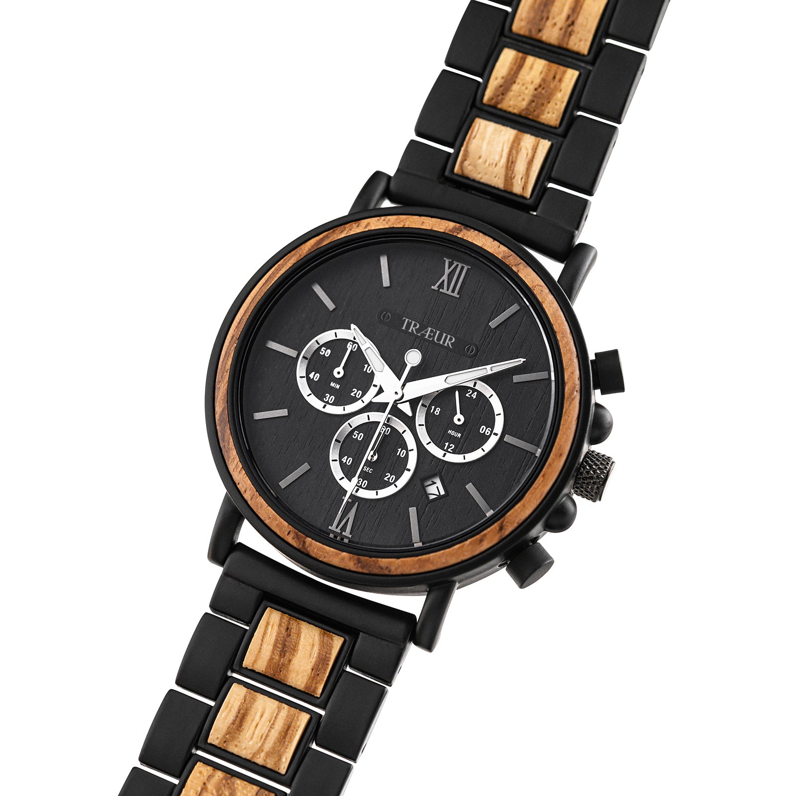 Black and wood men's wristwatch with three subdials and wooden inlays on metal band