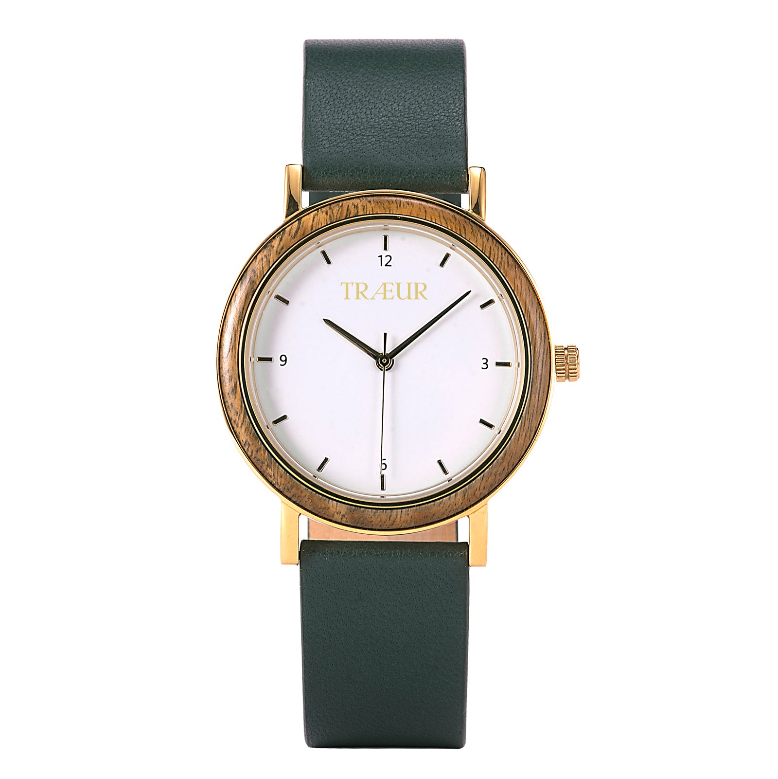 Minimalist wristwatch with green leather strap, wooden bezel, white dial, and gold accents