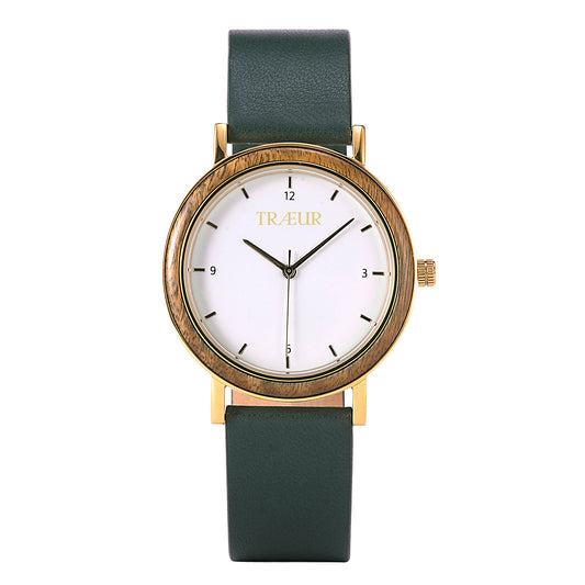Minimalist wristwatch with green leather strap, wooden bezel, white dial, and gold accents