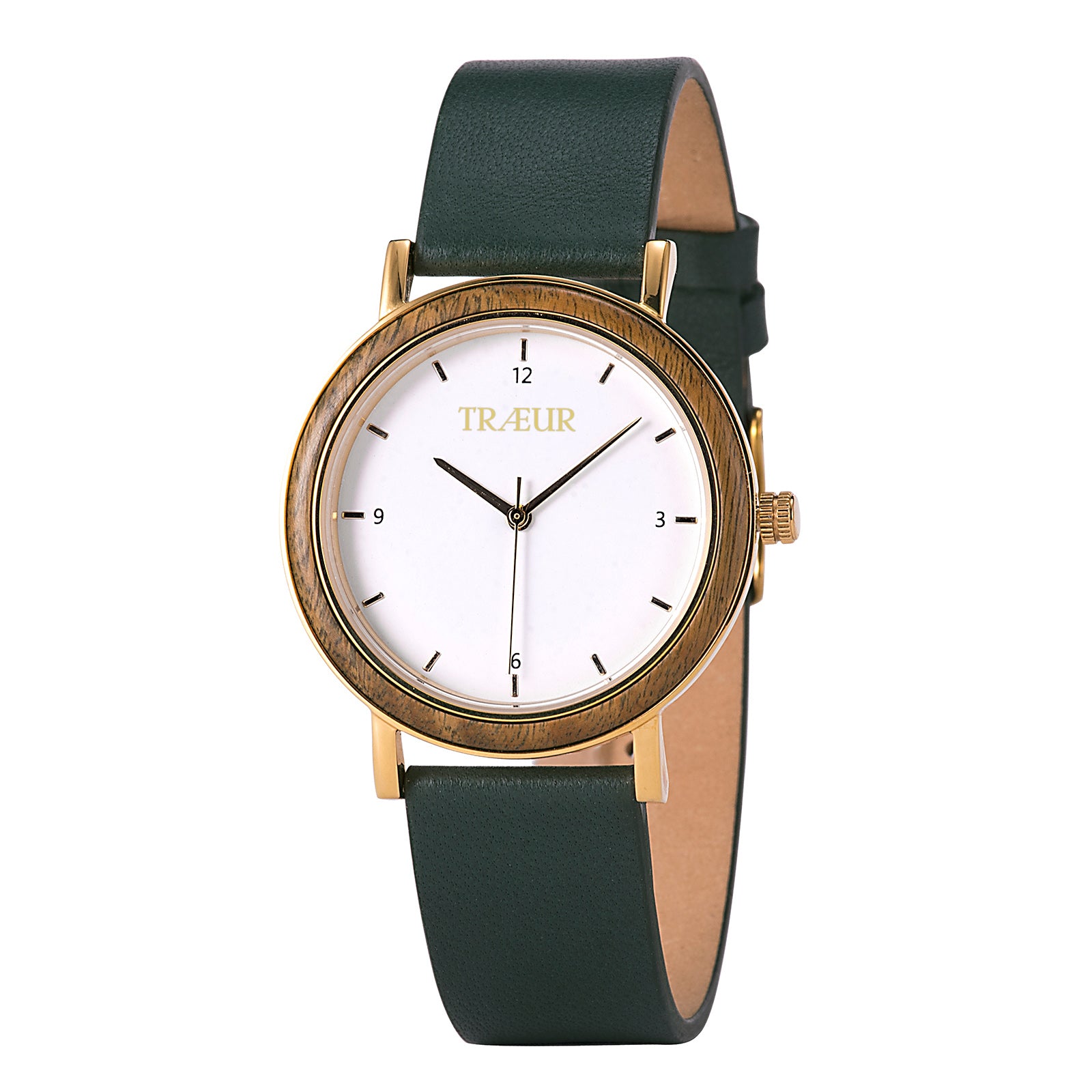 Elegant wristwatch with white dial, gold and wood bezel, black leather strap, minimal design