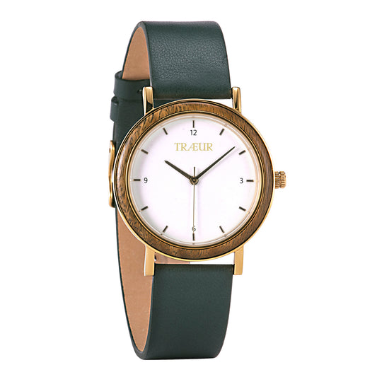 Minimalist wristwatch with white dial, gold accents, wood-textured bezel, and dark green leather strap