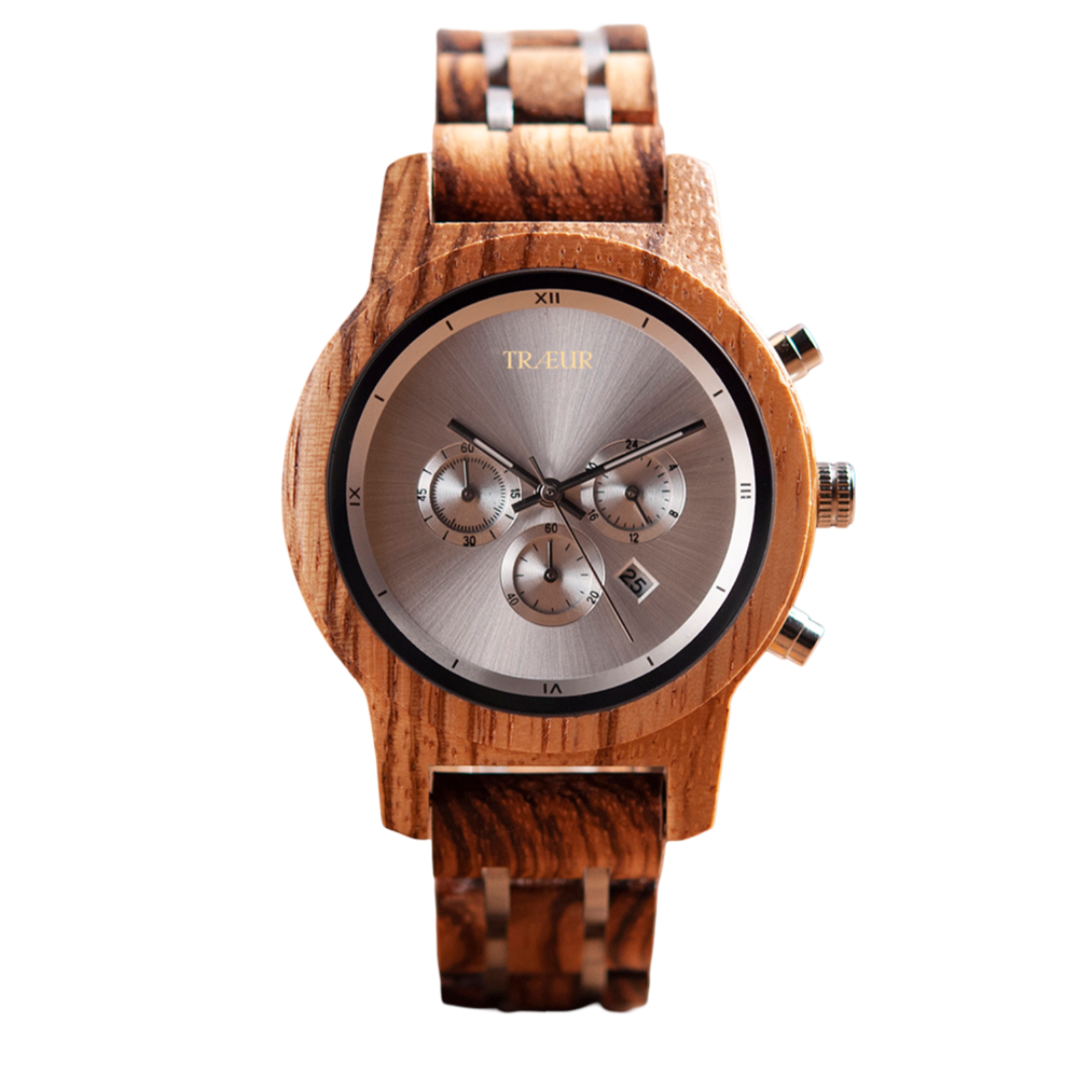 Træur wooden wristwatch with silver chronograph dial and date display on white background